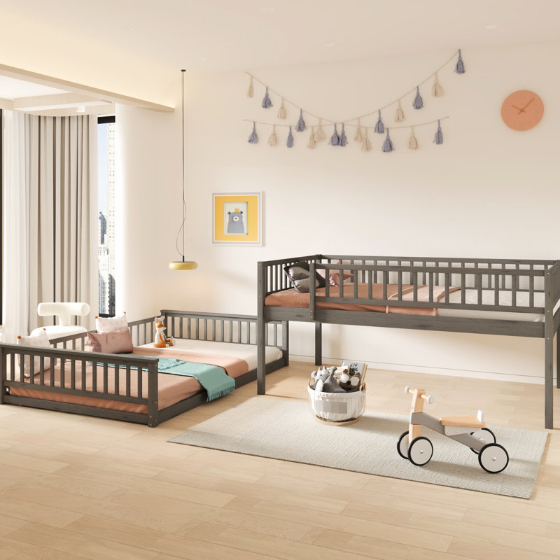 Lit double superposé au-dessus de grand lit double, gris - et lit fiable avec facilite le déplacement entre les lits