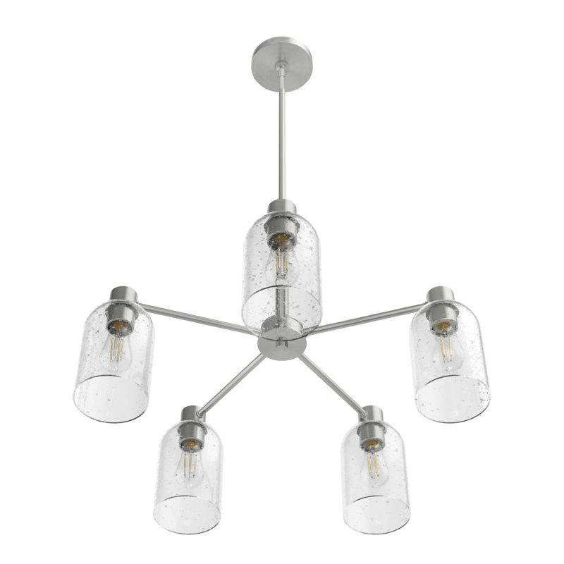 Lustre cylindrique unique à 5 lumières Lochemeade, Nickel brossé, Verre transparent transparent