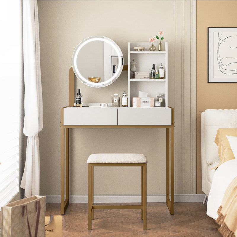 Petit bureau de coiffeuse avec miroir, lumières, prise de courant et tabouret, Blanc / Doré