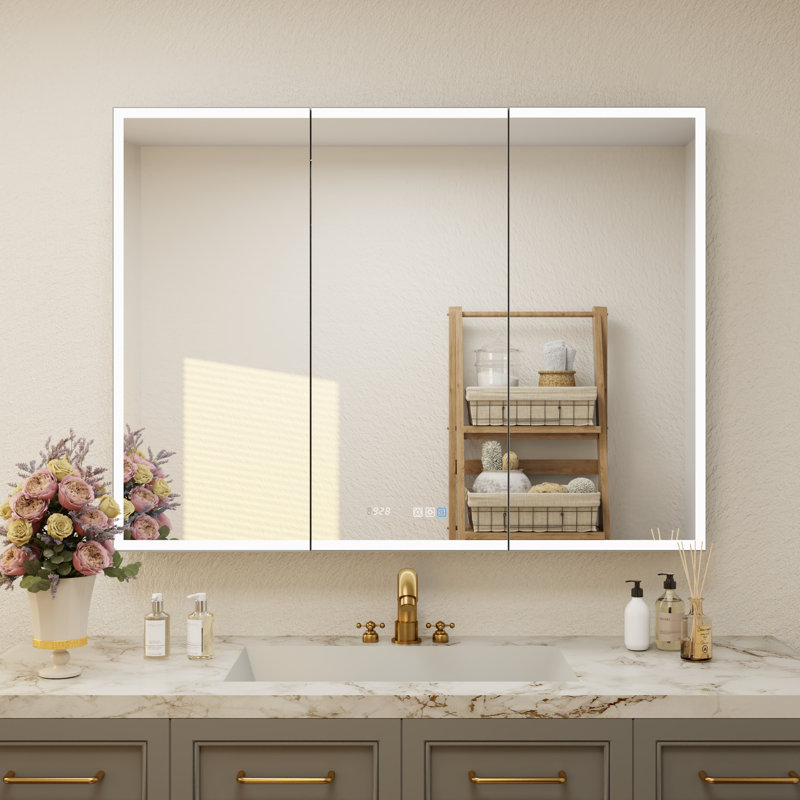 Clayvon 36'' H 48'' W LED Recessed or Surface Mount Frameless Medicine Cabinet with Mirror 6 Shelves, Electrical Outlet and USB