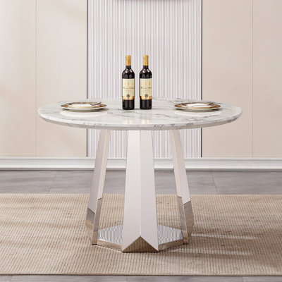 Table de salle à manger ronde en marbre de 47 po, table de cuisine moderne avec plateau en faux marbre ultrabrillant et base en acier inoxydable pour la salle à manger, cuisine (table seulement)