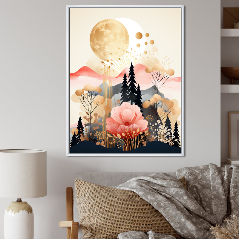 «Serene Boho Chic Landscape in Pastel & Gold I», reproduction sur toile, H 20 po x l 12 po, Cadre flottant blanc