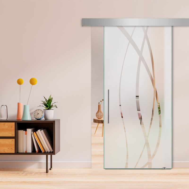 Porte de grange coulissante en verre sans cadre avec design moderne givré + ensemble de quincaillerie (semi-privée)