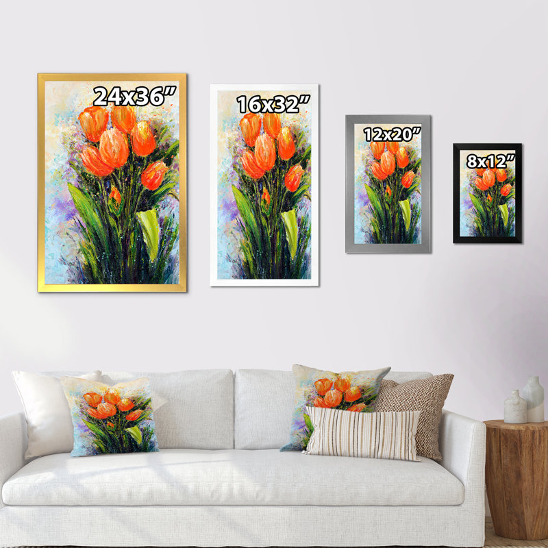 «Abstract Orange Tulips Flowers», reproduction d'art sur toile traditionnelle, Cadre photo blanc, H 36 po x l 24 po x P 1 po