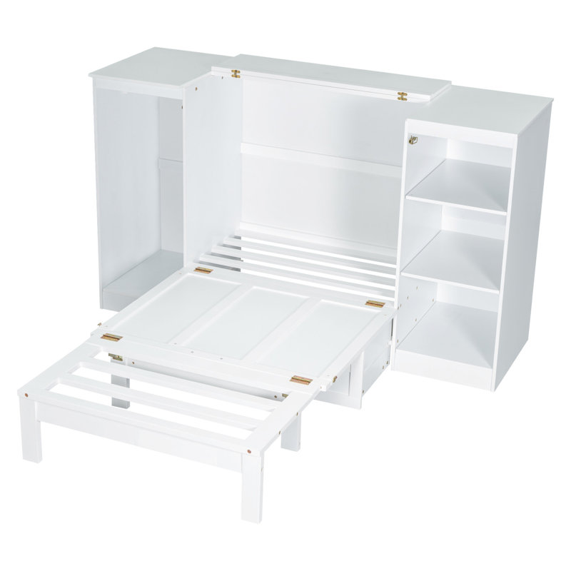 Lit simple espace avec tablettes de chevet et garde-robe - option de rangement blanc et blanc