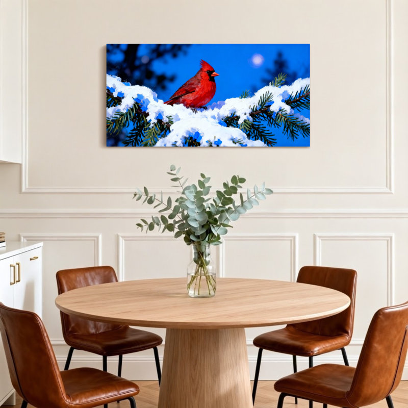 Animaux, cardinal rouge sur une branche de pin enneigé, H 16 po x l 32 po