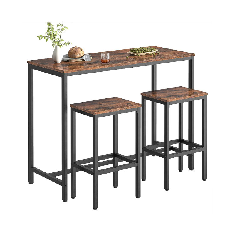 47.2" Rectangular Bar Table And 2 Chairs Set, For Small Space, Sturdy Metal Frame, Rustic Brown