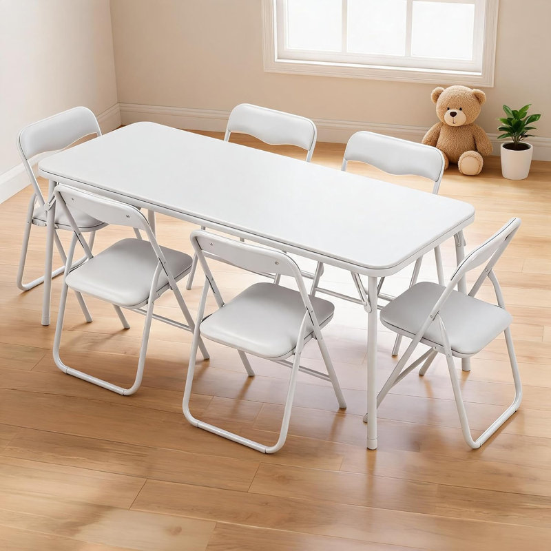 Table pliante pour enfants 7 pièces et 6 chaises, surface en similicuir, coins arrondis de sécurité, Beige