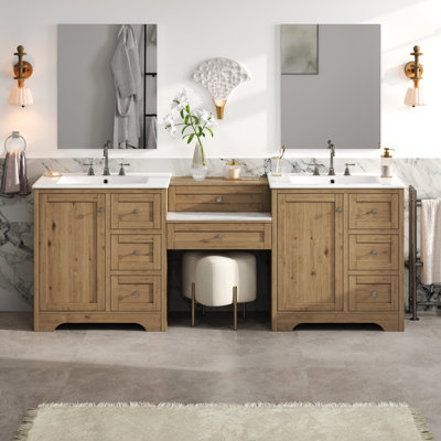 Hayden  84" Modern Farmhouse Engineered Stone Double Sink Bathroom Vanity with Ceramic Basins, Soft-Close Drawers, and Metal Knobs