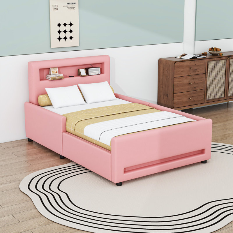 Lit plateforme avec tiroir de rangement, lumières DEL et port USB, Lit simple, Rose
