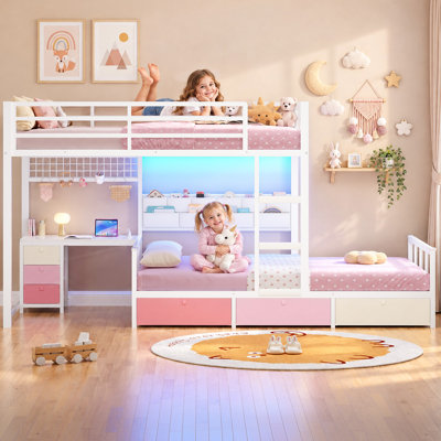 Lit superposé simple avec bureau et 6 tiroirs de rangement, lit mezzanine plateforme en métal avec éclairage DEL, chargeur et organisateur 10 poches, optimisation de l'espace, lit enfant décalé blanc et rose