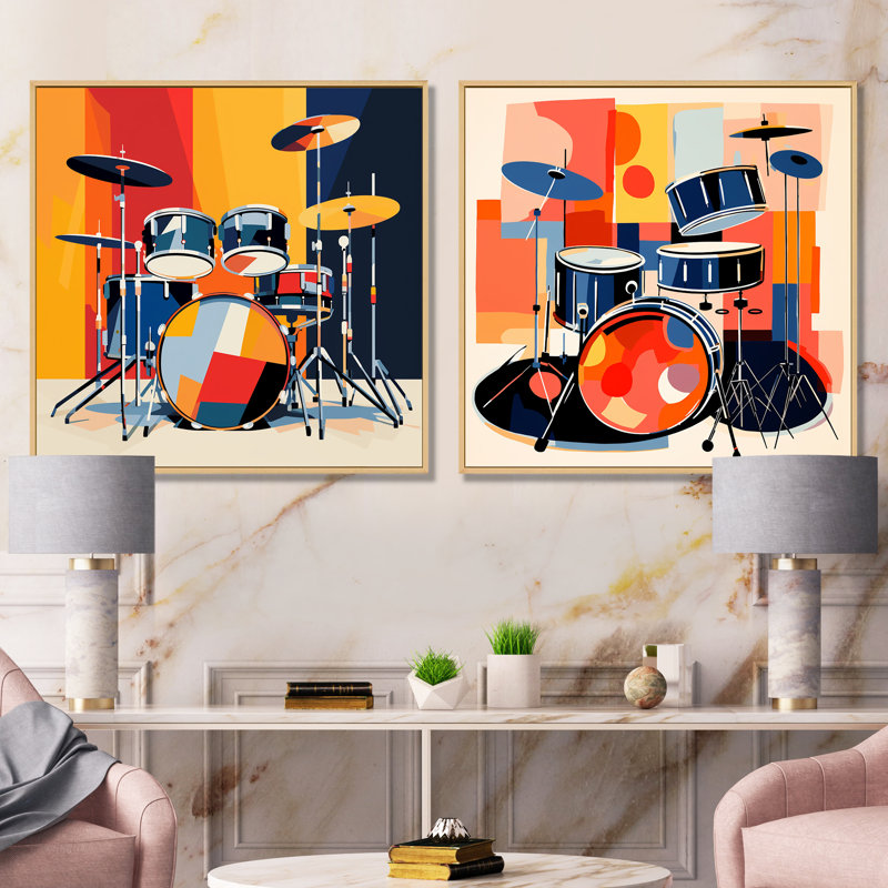 Druming Groove I - ensemble de 2 reproductions d'art sur toile, Cadre flottant brun, H 36 po x l 73 po x P 1,5 po