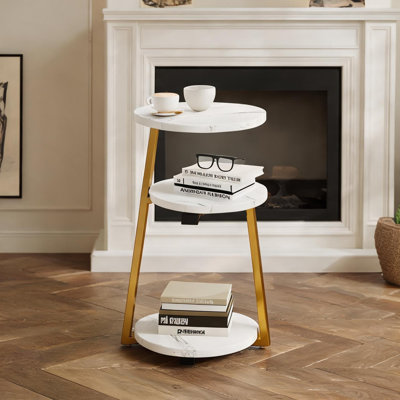 Table d'appoint ronde à 3 niveaux avec rangement, structure en métal blanc et doré, diamètre de 13,78 pouces