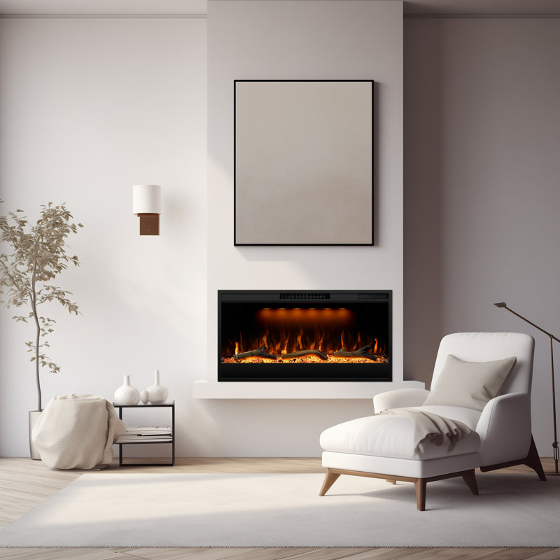 Foyer encastré électrique moderne, foyer chauffant de 750 W ou 1500 W, flamme réaliste réglable, minuterie, bûche artificielle, télécommande