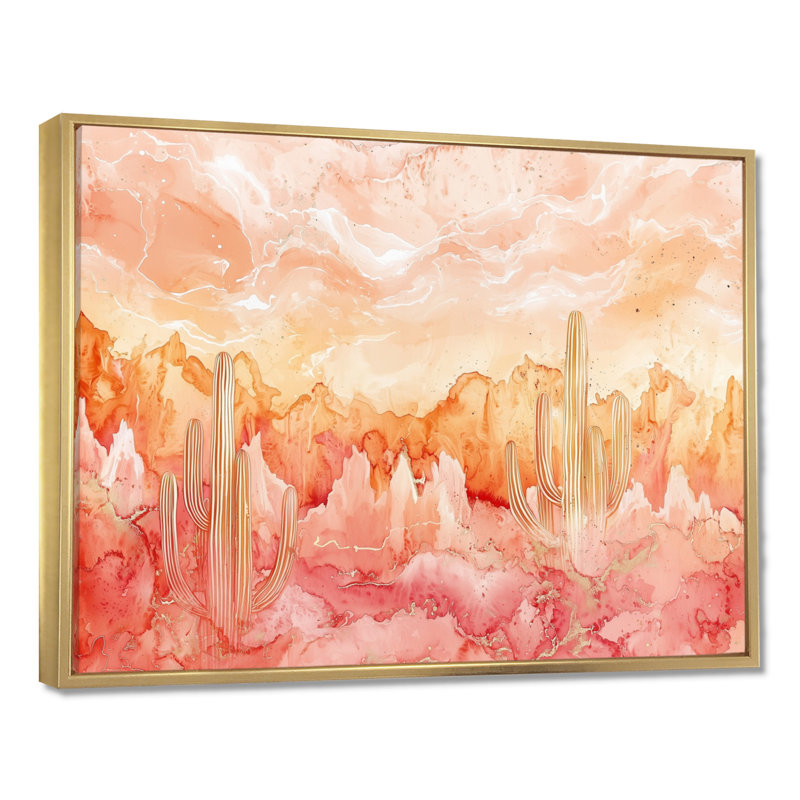 «Velvet Pulse Of Cactus I», impression d'art mural cactus floral, 30" H x 40" W, Reproduction avec cadre flottant, Gold