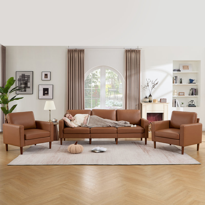 Ensemble de salon avec canapé 91,73 po et 2 fauteuils, Similicuir café