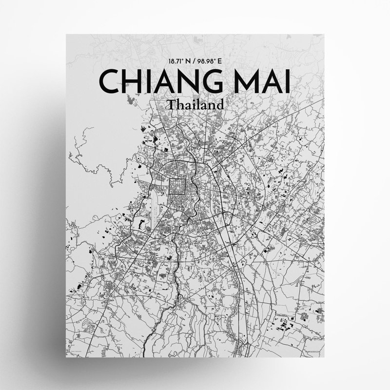 Chiang Mai City Map In Ink - No Frame Print, 20cm H x 16cm W x 0.05cm D