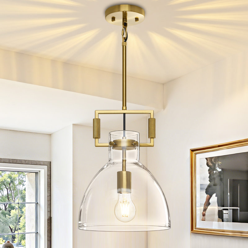1-light Gold Funnel Shape Glass Pendant Light – Modern Geometric Frame, Adjustable Height For Kitchen & Living Room