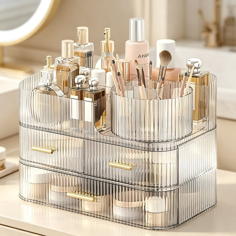 360° Rotating Acrylic Makeup Organiser with Storage Drawers & Brush Holder, Large Stackable Cosmetic Skincare Storage Box for Dressing Tables, Vanities, Bedrooms & Bathrooms