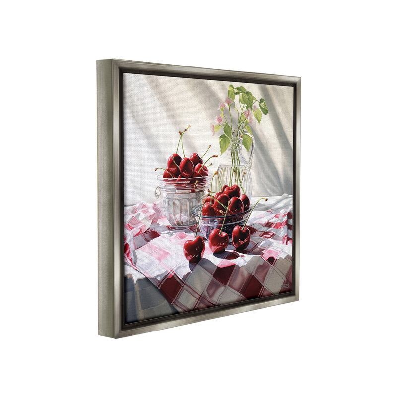 "Cherries and Botanicals" par RB sur toile, H 18 po x l 18 po, Cadre flottant gris lustré
