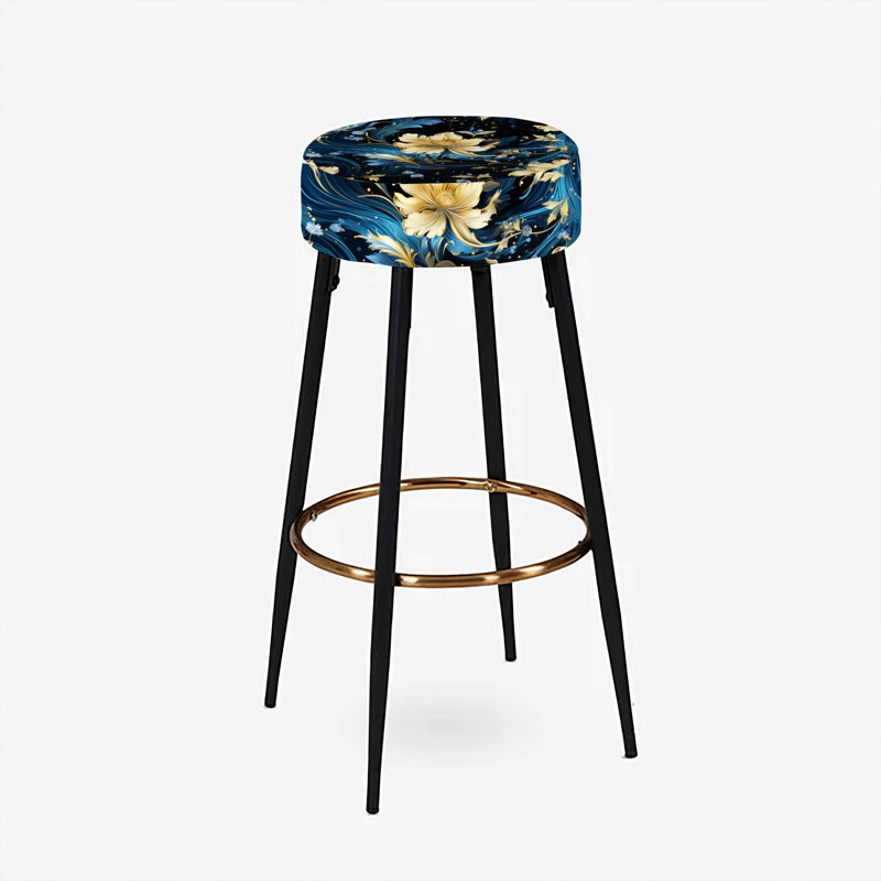 Ensemble de 2 tabourets de bar damassés bleu et jaune