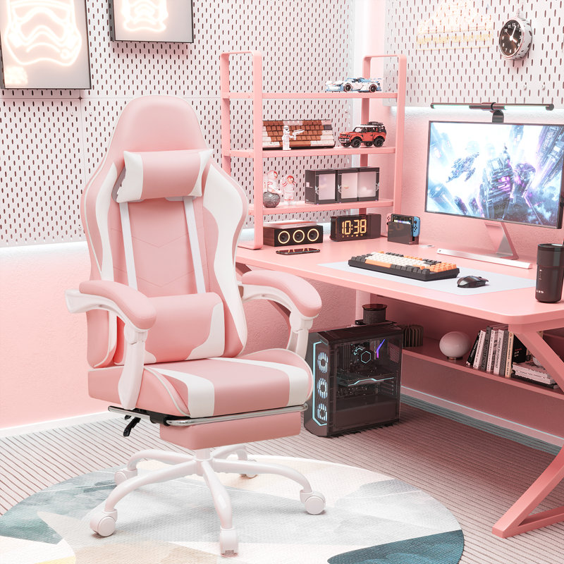 Fauteuil de jeu vidéo réglable avec massage pivotant pour PC et fauteuil de jeu de course avec repose-pieds, Rose / blanc