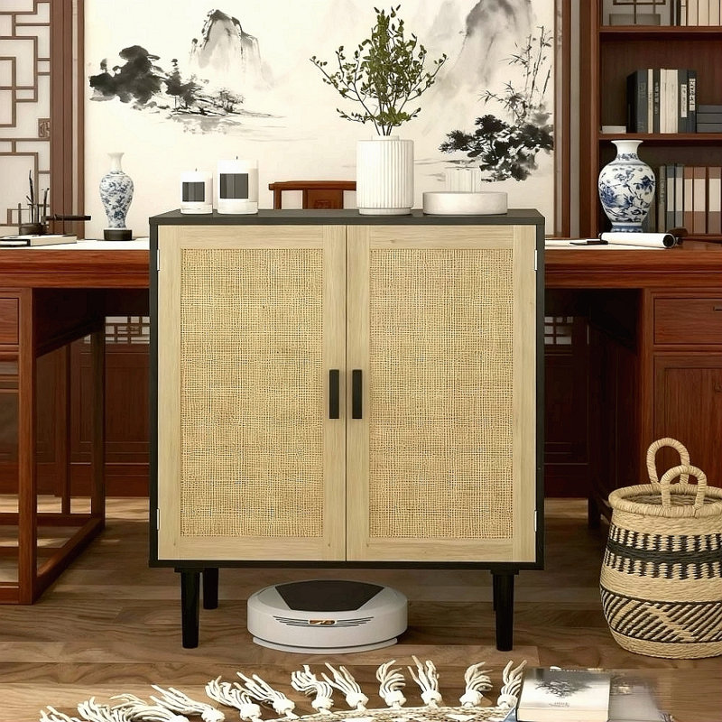 Buffet de 31,5 po avec 2 portes et tablettes en rotin