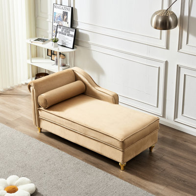 Modern Khaki Velvet Chaise With Storage Space - Smooth Upholstery, Gold Legs Stylish In Make A Impression