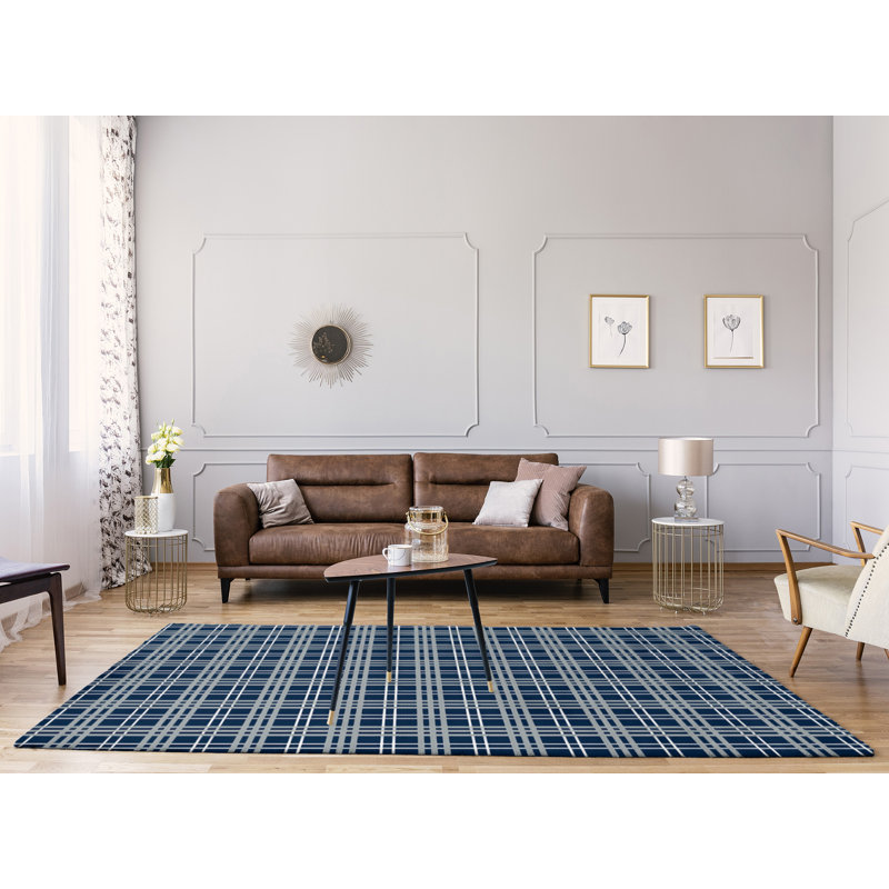 Bleu/blanc fait à la main à motif écossais Tapis décoratif, Rectangle 5 pi x 7 pi