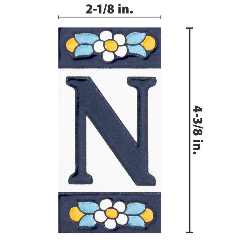 Sevillano 2.13" x 4.38" Ceramic Floral Address Letter Wall Tile in White/Blue