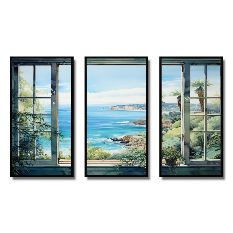 Seaside Tropical View II - Coastal Windows Wall Art, 28" H x 36" W x 1" D, Black Floater Framed