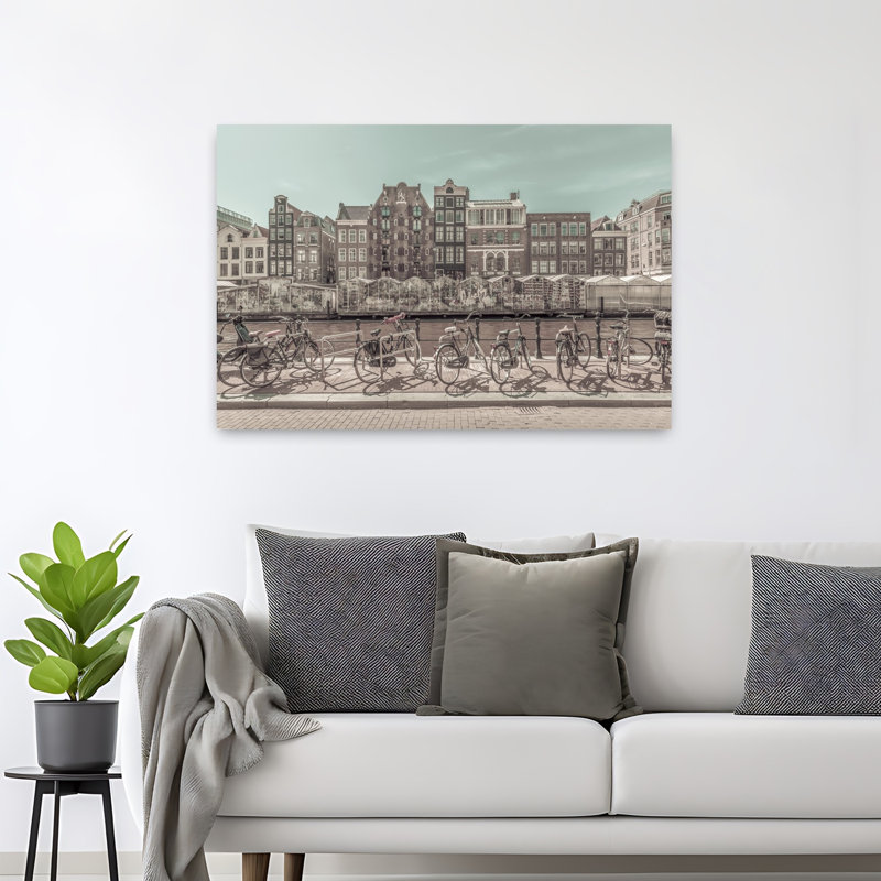 «Amsterdam Canal Bicyclcles», art abstrait rétro, impression d'art mural de la ville, 32" H x 48" W