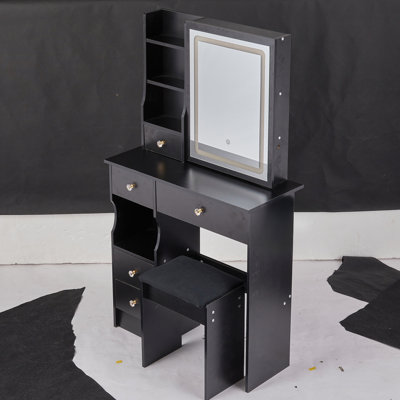 29.2" Small Size Left Drawer Desktop Vanity Table + Cushioned Stool, Large Sliding, Touch Control, Tri-Colour Switching, Brightness Adjust LED Mirror, High Capacity Storage