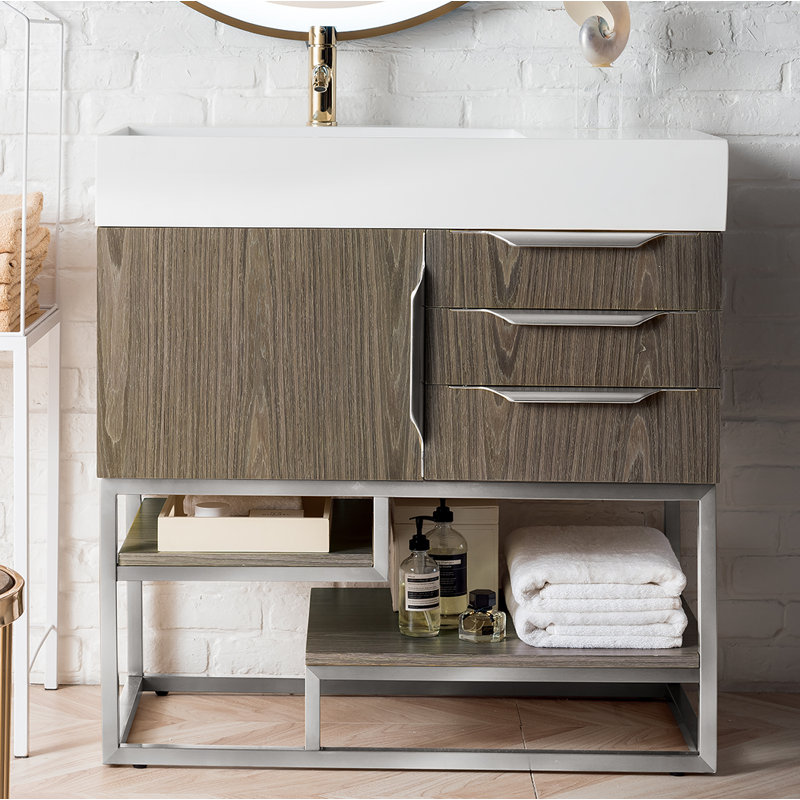 Samorah 35.31'' W Single Vanity, Glossy White, Ash Gray, Brushed Nickel