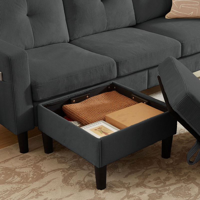 79.14" L Shaped Sofa with Storage Pockets and Reversable Storage Ottoman, Dark Grey