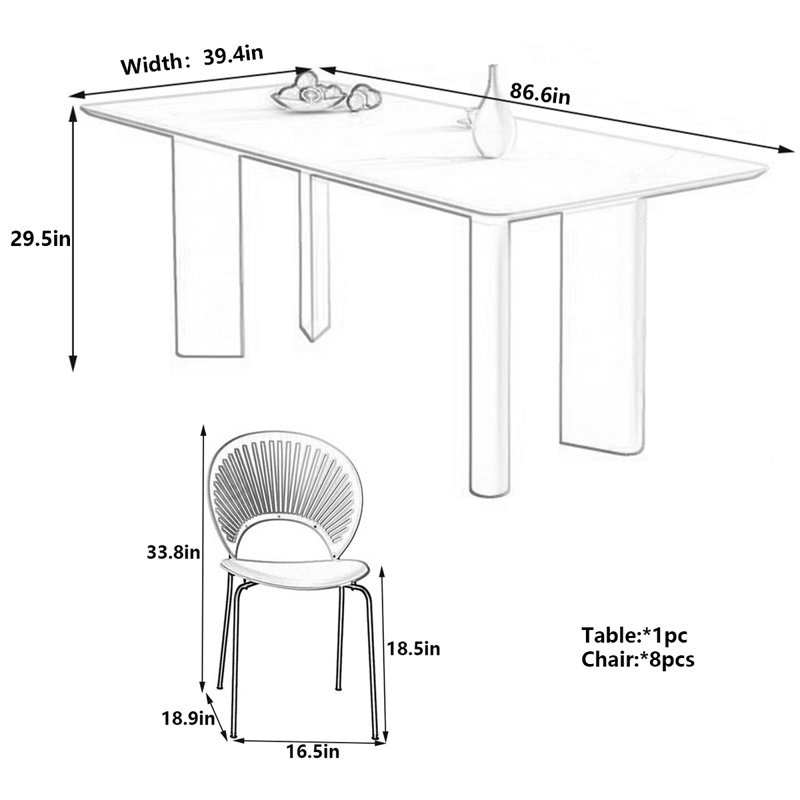Table de salle à manger blanche, H 29,5 po x L 86,6 po x l 39,4 po