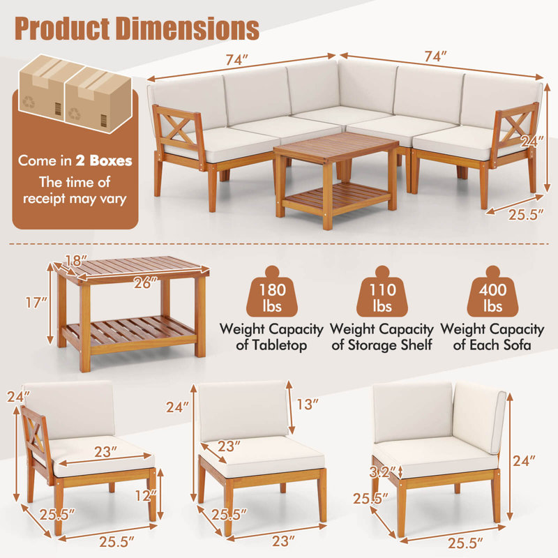  6 Pcs Acacia Wood Patio Furniture Set With Cushions And 2-tier Coffee Table 