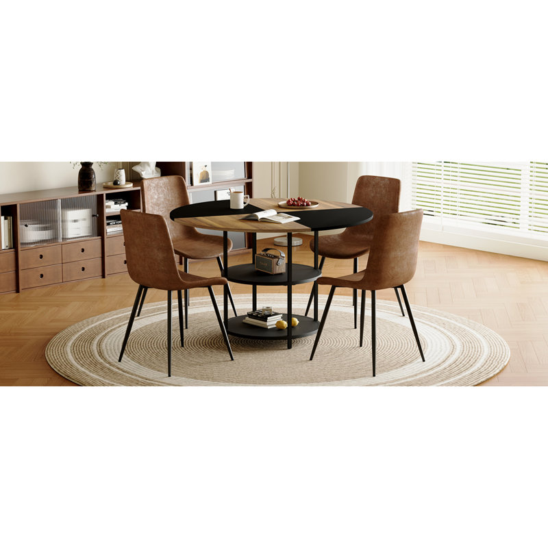 de salle à manger circulaire moderne de 4 pouces avec rangement double couche et 4 chaises en tissu brun