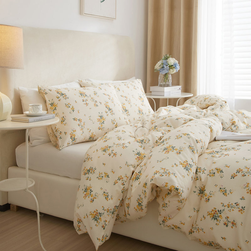  Ensemble de housse de couette en coton floral, Housse de couette très grand + 2 taies décorativ, Motif floral jaune