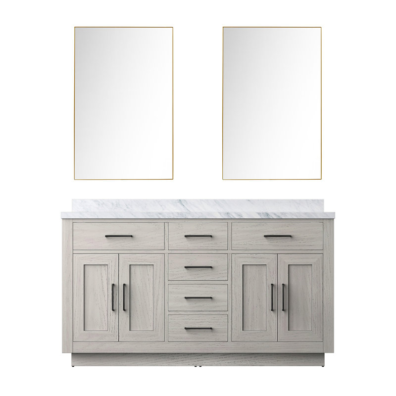 Meuble-lavabo double en chêne blanc l 60 po x P 22 po avec comptoir en marbre et miroir 55 po