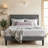 Queen Size Dark Grey Velvet Upholstered Platform Bed with Adjustable Headboard, Modern Bed Frame with Wood Slats, No Box Spring Needed-1428527537-1428527538