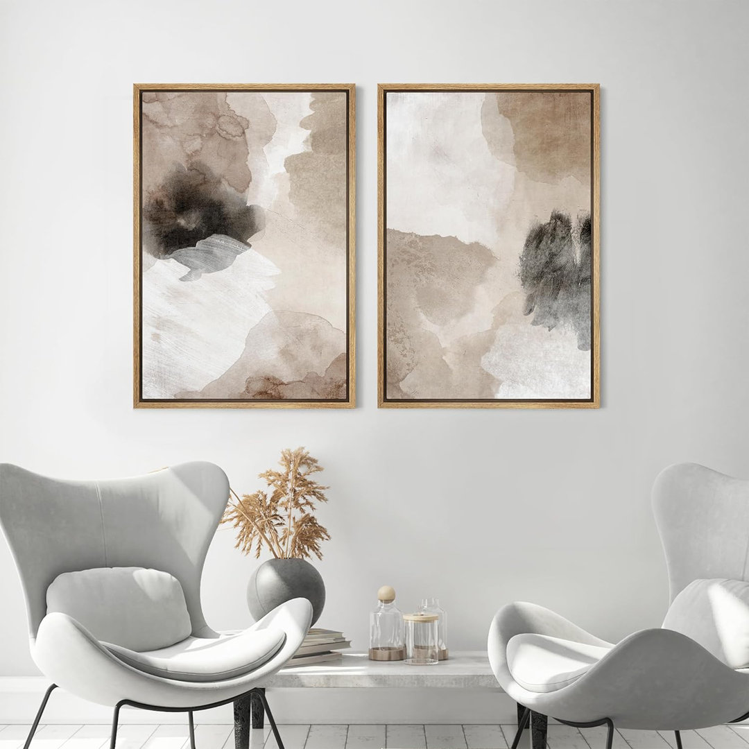 Grunge Abstract Paint Stroke Effect " Brown White Black Collage Abstract Shape Illustrations " 2 - Pieces IDEA4WALL Frame 