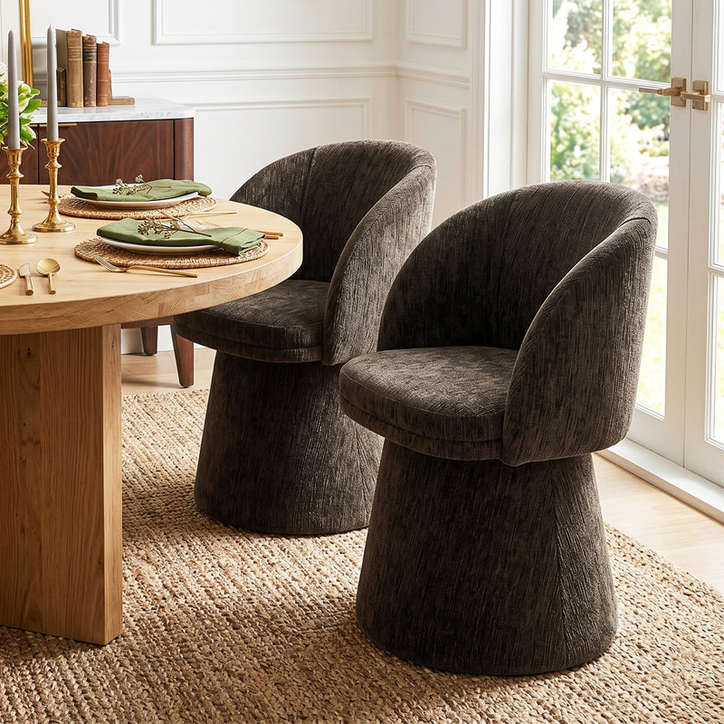 Ensemble de 2 chaises de salle à manger en tonneau pivotant en chenille avec base piédestal rembourrée, Brun