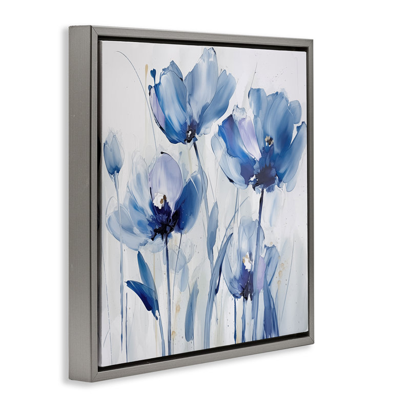"Blue Abstract Blooms", art mural encadré par Sasha, H 18 po x l 18 po, Cadre flottant gris lustré