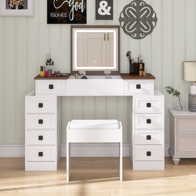 Spacious 10-Drawer Vanity Desk Set with Flip-Up Mirror & Stool, Large Storage Solution, Chic White + Walnut Combination