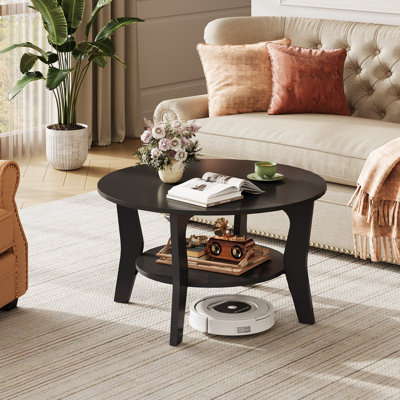 Round 2-Tier Wood Coffee Table with Open Storage Shelf, Small Circle Center Table for Living Room & Apartment, Easy Assembly