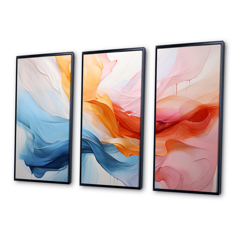 Rose et bleu apaisant tourbillonnant I - art mural abstrait, Cadre flottant noir, H 28 po x l 36 po x P 1 po