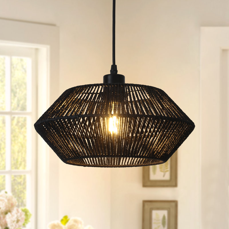 Nekoosa Aayanah 1 - Light 12.6" Dimmable Boho Hand Woven Rattan Bohemian Hemp Rope Pendant Lights with Hand-Worked Basket Shade for Bedroom Nursery Kitchen Hallway