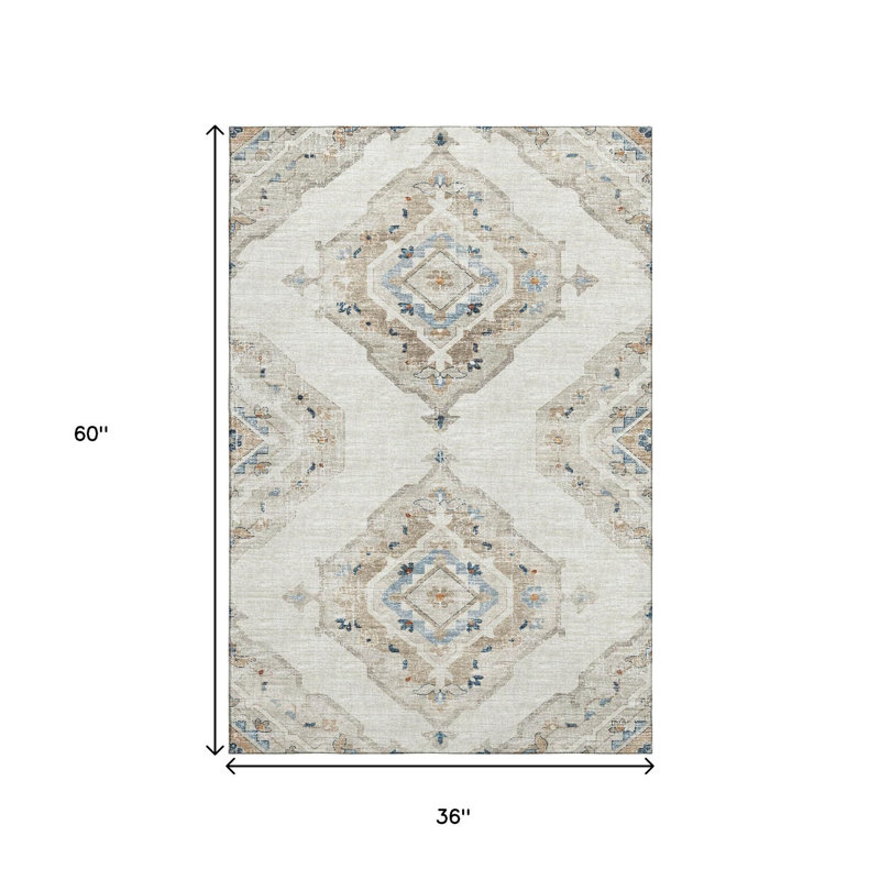 Tapis lavable en lin ivoire et bleu avec protection UV 3 pi x 5 pi Tribal
