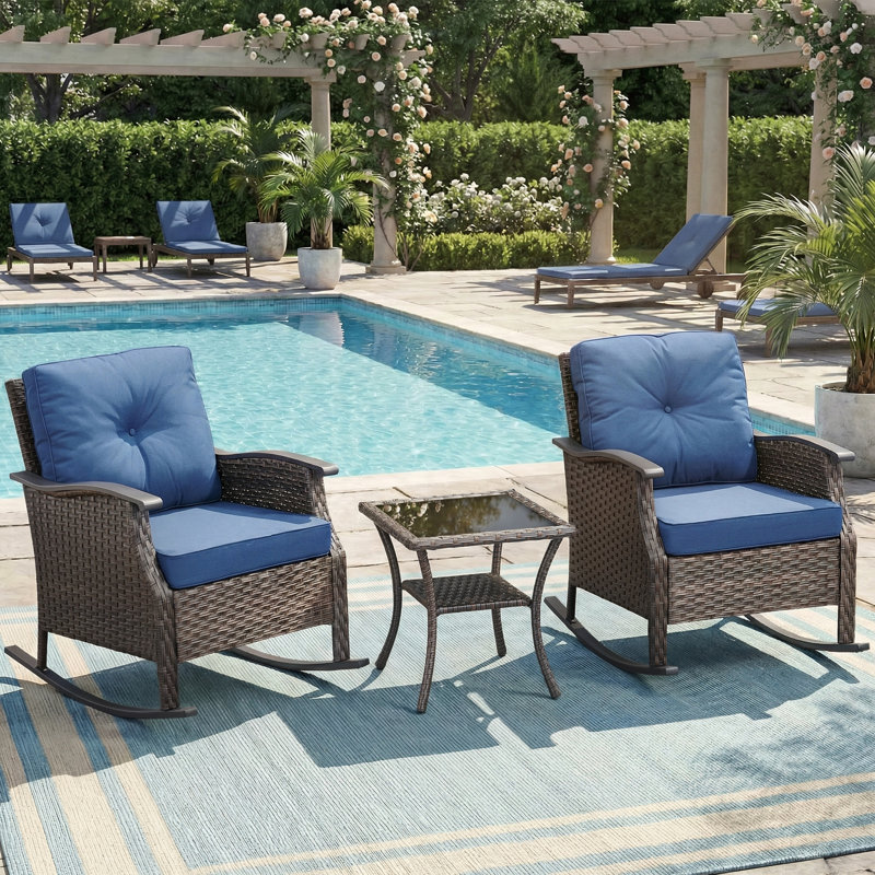 Ensemble de 3 chaises berçantes d'extérieur incurvées en rotin avec table d'appoint, Bleu